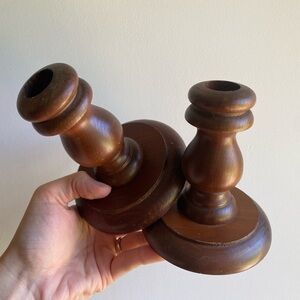 Vintage Wood Candlesticks Pair MCM Taper Candleholder Boho Farmhouse Cottage